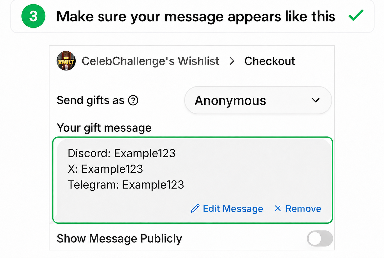 Step 3: Confirm that your saved message appears at checkout